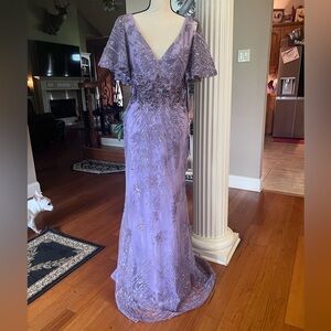 Mac Duggal Purple Flutter Sleeve V-Neck Gown
